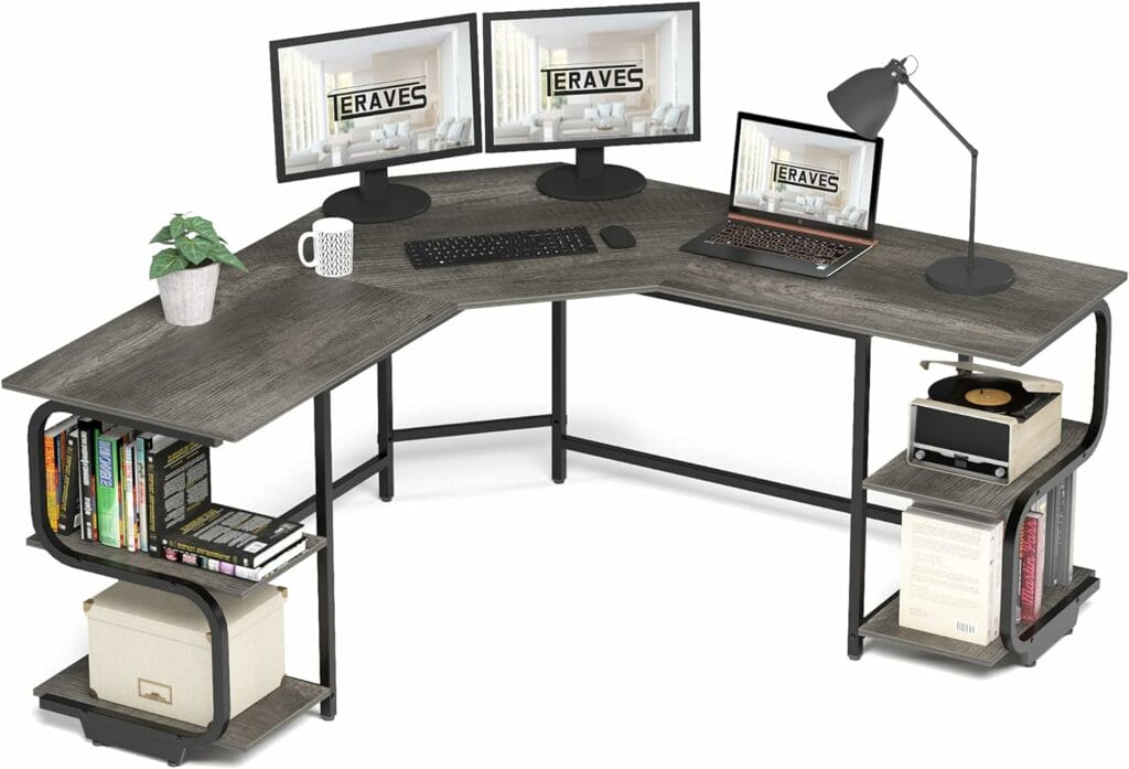 Teraves L Shaped Desk with Shelves, Gaming Computer Desk for Home Office, Corner Desk with Desktop (Black Oak+Black Frame, Large+4 Tier Shelves)