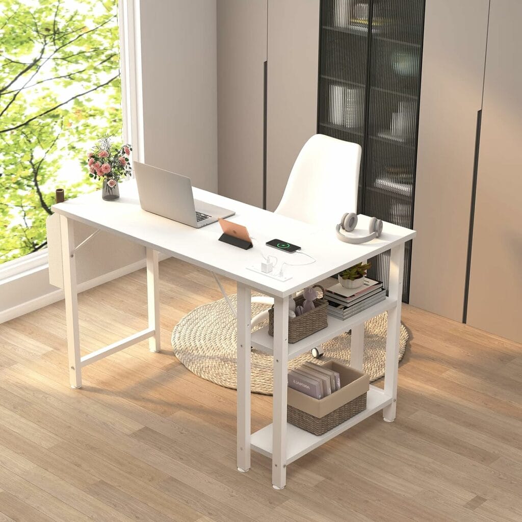White L-Shaped Computer Desk with Power Outlet Shelves, 40 Inch Small Corner Desk for Home Office, PC Desks