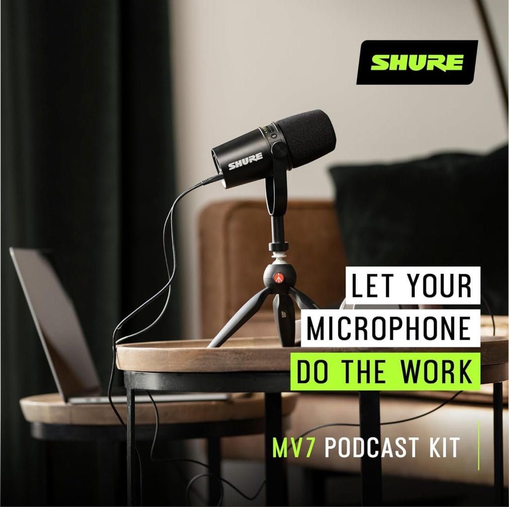 Shure MV7 USB Microphone with Tripod, for Podcasting, Recording, Streaming  Gaming, Built-in Headphone Output, All Metal USB/XLR Dynamic Mic, Voice-Isolating Technology, TeamSpeak Certified - Black